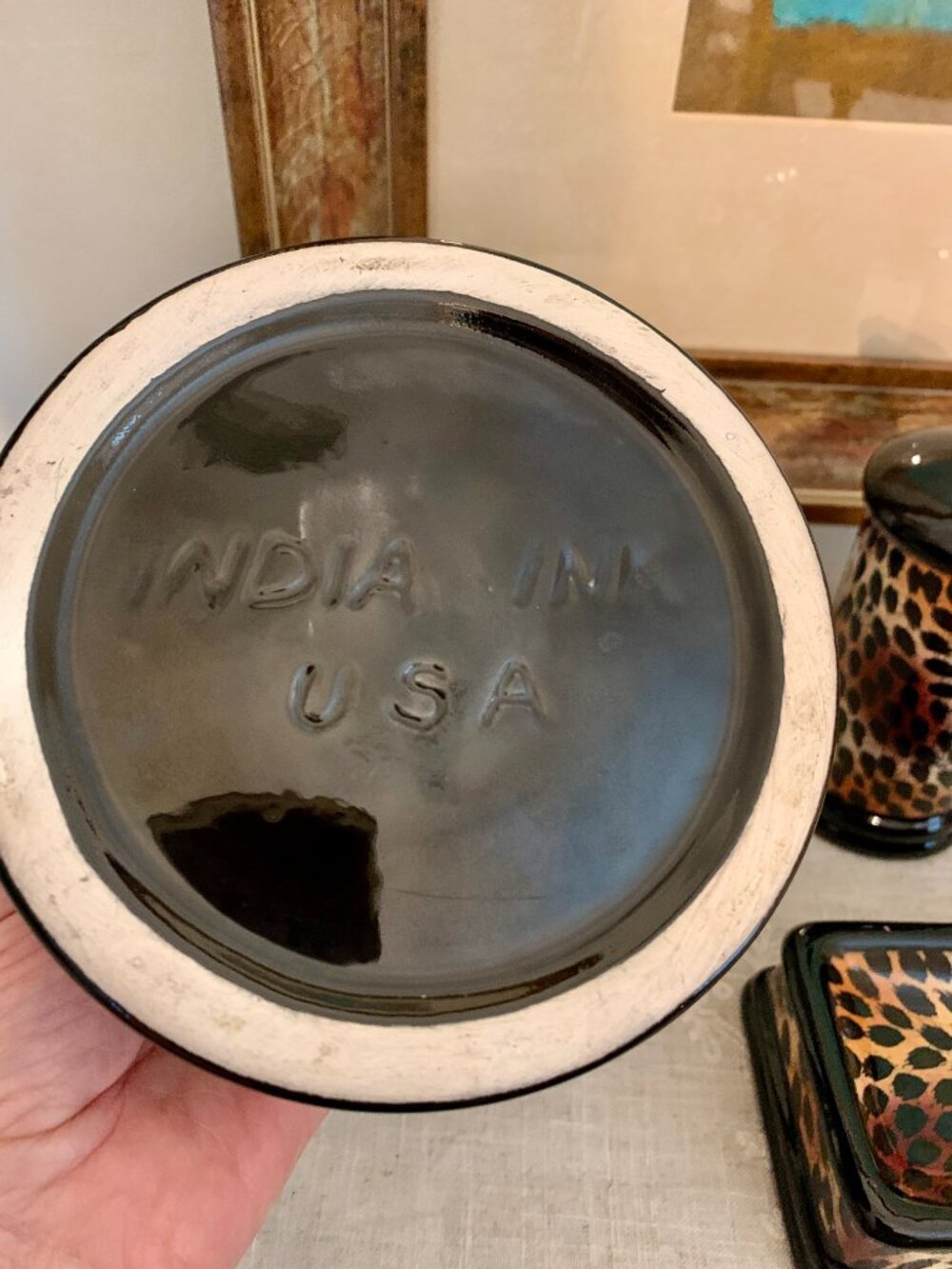 Leopard Print 4 Pc Bathroom Accessories Vintage Indian Ink Hand Painted Ceramic - Picture 3 of 11